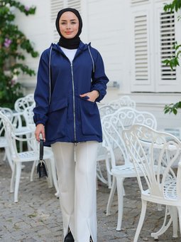 Kapüşon Sim Detay Ceket Saks Mavisi Mavi