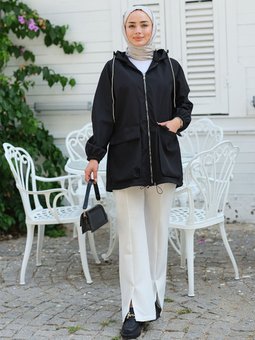 Kapüşon Sim Detay Ceket Siyah