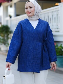 Kendinden Desenli Yaka Bağlamalı Ceket Lacivert