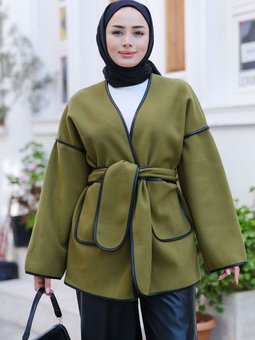 Kruvaze Yaka Bel Bağlamalı Ceket Haki Yeşil