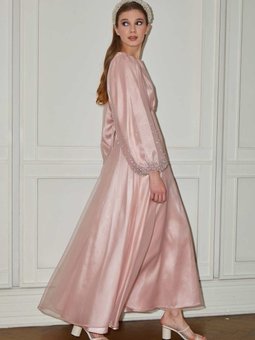 Taşlı Organze Abiye Elbise Pudra