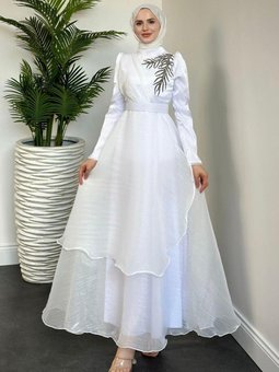 Ervah Taş Detay Abiye Elbise Beyaz