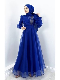 Omuz Taş Işlemeli Abiye Elbise Organze Tül Kuşak Detaylı Tasarım Moda Düğün Şıklığı – Saks Mavisi