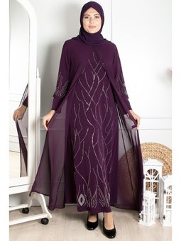 Nehir Büyük Beden Şifon Abiye Elbise Mürdüm