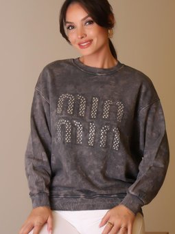 Antrasit Uzun Kollu Taş İşlemeli Sweatshirt