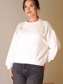 Ekru Omuzları Taşlı Sweatshirt