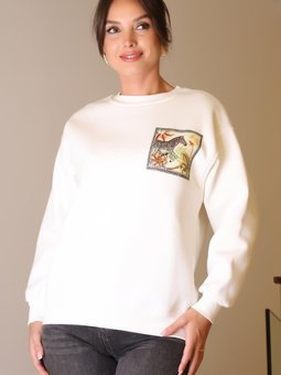 Ekru Zebra Baskılı Taşlı Sweatshirt