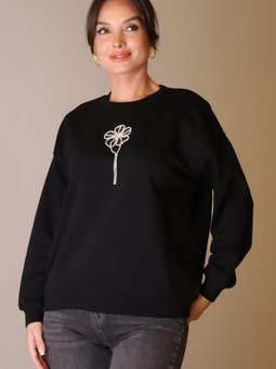 Siyah Taşlı Çiçek Desenli Sweatshirt