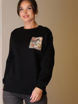 Siyah Zebra Baskılı Taşlı Sweatshirt