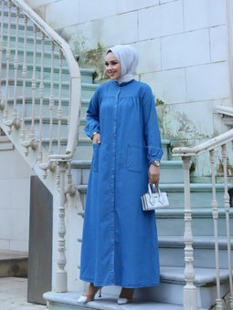 Açık Lacivert Cep Detaylı Kot Elbise