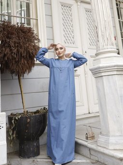 Açık Lacivert Düğme Detaylı Kot Elbise