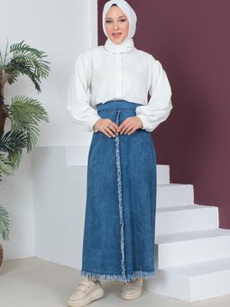 Açık Lacivert Fırfır Detaylı Kar Yıkama Uzun Kot Etek