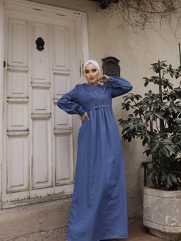 Açık Lacivert İnci Detaylı Kot Elbise