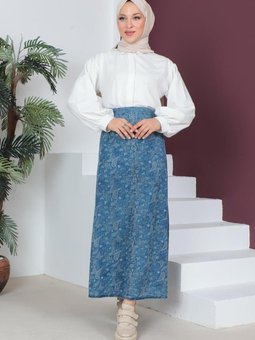 Açık Lacivert Lastik Detaylı Şal Desenli Kar Yıkama Uzun Kot Etek