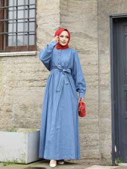 Açık Lacivert Şerit Detaylı Kot Elbise