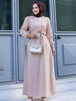 Açık Somon Kemer Detaylı Elbise