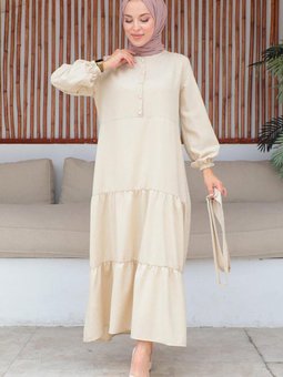 Bej Düğme Detaylı Elbise