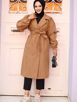 Camel Omzu Pileli Detaylı Trençkot