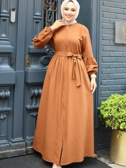 Kahverengi Balon Kol Detaylı Fermuarlı Ferace