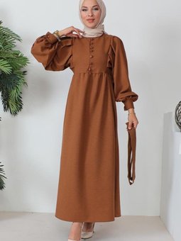 Kahverengi Düğme Detaylı Elbise