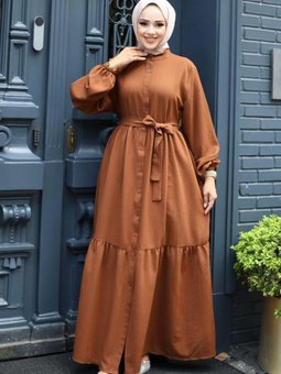 Kahverengi Düğmeli Kat Detaylı Ferace