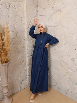 Koyu Lacivert Cep Detaylı Kot Elbise