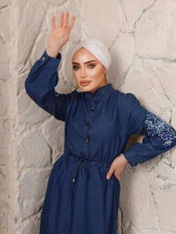Koyu Lacivert Kol Detaylı Kot Elbise