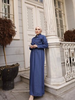 Koyu Lacivert Tünel Detaylı Kot Elbise