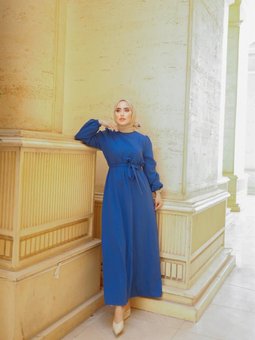 Saks Mavisi Kemer Detaylı Elbise