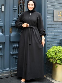 Siyah Balon Kol Detaylı Fermuarlı Ferace