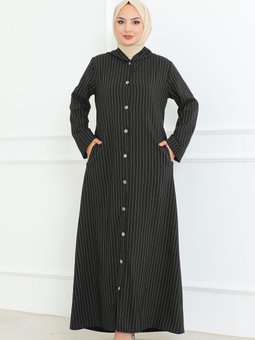 Siyah Düğme Detaylı Ahsen Elbise