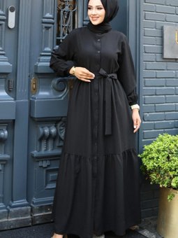 Siyah Düğmeli Kat Detaylı Ferace