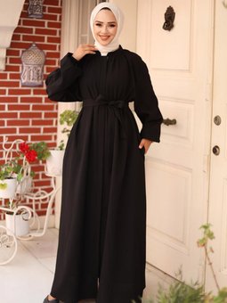 Siyah Gizli Fermuarlı Kuşaklı Ferace