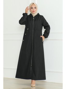 Armalı Fermuarlı Siyah Trençkot