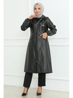 Deri Detaylı Kap Siyah