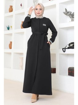 Gizli Düğmeli Ribanalı Siyah Ferace