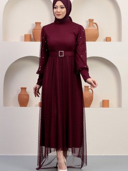 Bordo Kemeri Taşlı Tül Abiye Elbise