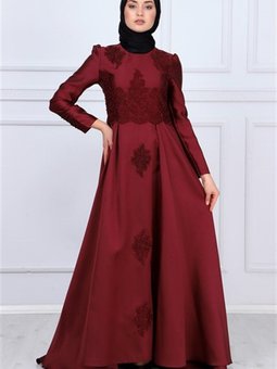 Bordo Micro Kumaş Detaylı Abiye Elbise