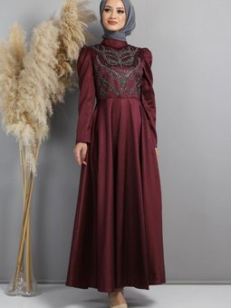 Mürdüm Taşlı Yakma Desenli Abiye Elbise