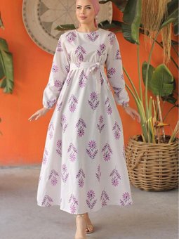 Lila Keten Desenli Kemerli Elbise