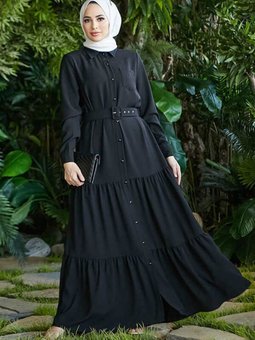 6564 Krep Düğmeli Fırfırlı Elbise Siyah