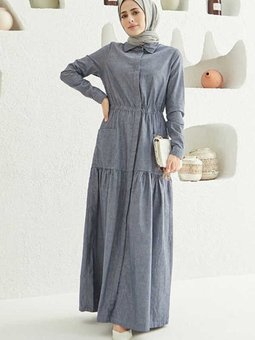 6581 Bel Lastikli Düğmeli Elbise Koyu Mavi