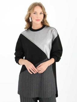 Asimetrik Kesim Çizgili Tam Kalıp Tunik 10553