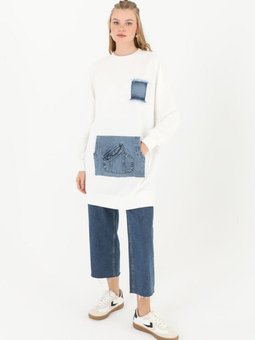 Ekru İki İplik Kot Garnili Kanguru Cep Sweatshirt