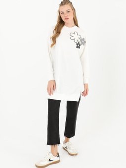 Ekru İki İplik Kumaş Çiçek Baskılı Sweatshirt