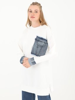 Ekru İki İplik Kumaş Kot Garnili Sweatshirt