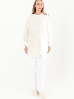 Ekru İki İplik Kumaş Örgü Detaylı Sweatshirt