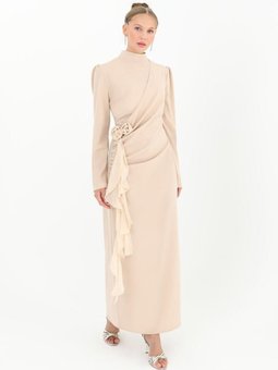 Gri Krep Kumaş Yandan Bağlamalı Abiye Elbise