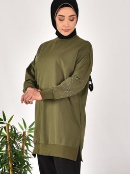 Haki İki İplik Kumaş Taş Desenli Sweatshirt