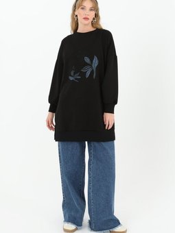 Siyah İki İplik Kumaş Kot Garnili Sweatshirt